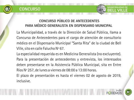 Concurso Público de Antecedentes para Médico Generalista en Dispensario Municipal.