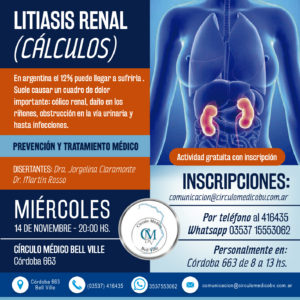 Litiasis Renal (Cálculos) Miércoles 14 de noviembre – 20hs.